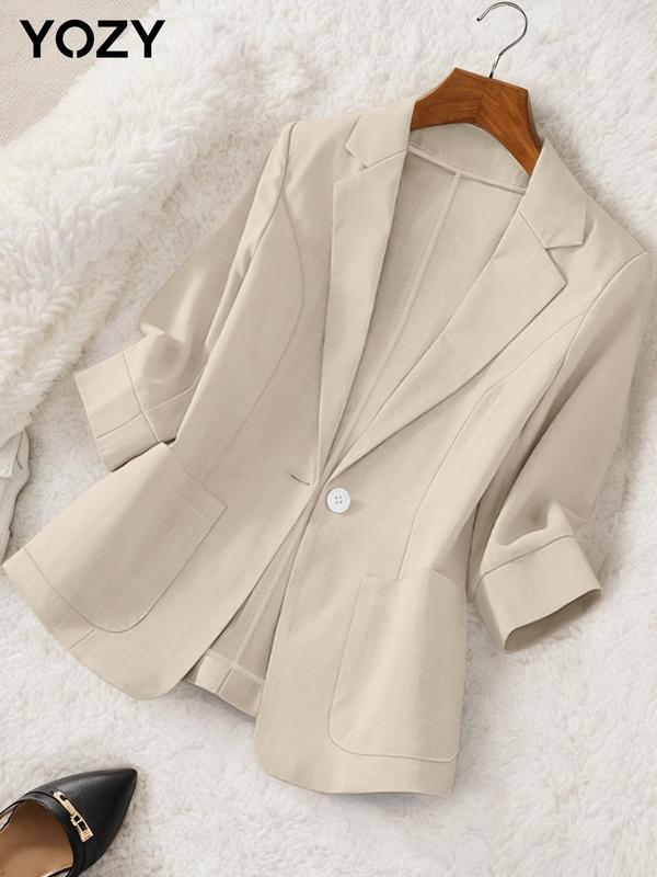 YOZY Women's Solid Button Front Pocket Blazer, Elegant Long Sleeve ...
