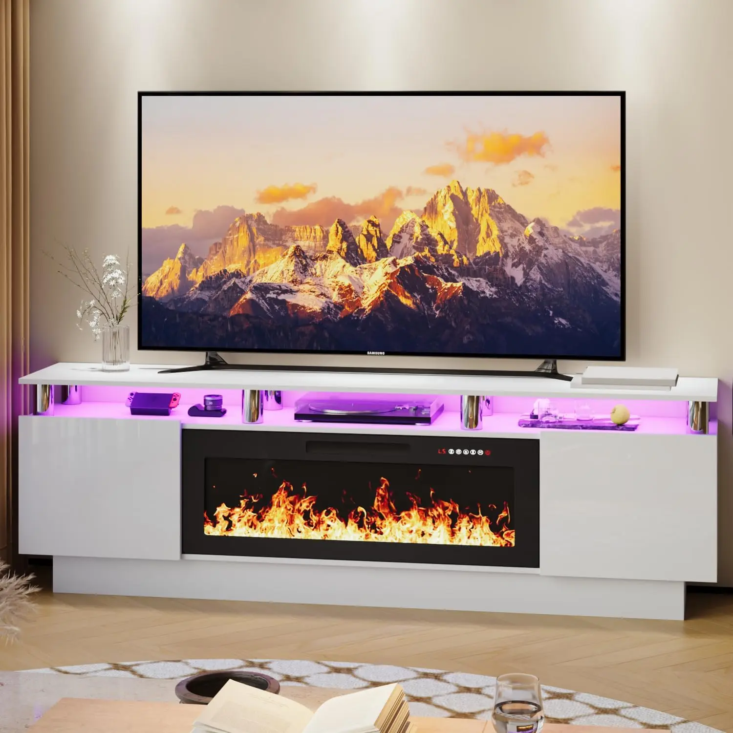 PUKAMI 70 Inches Fireplace TV Stand for TVs up to 80 Inches Console with 36'' Electric Fireplace & Remote, Wooden Modern Entertainment Center for Living Room, Tv Shelf, Room Decor,dorm essentials,home decor