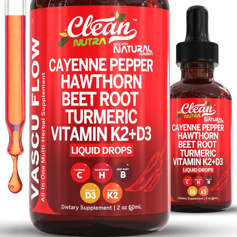 Cayenne Pepper Supplement Liquid Drops + Hawthorn Berry, Vitamin D3 K2 Organic Beet Root Powder, Ceylon Cinnamon, Turmeric Curcumin, Panax Ginseng