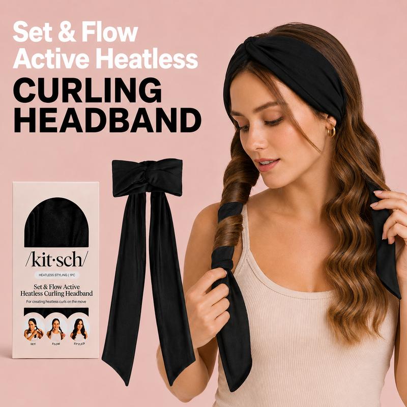 Black Set & Flow Active Curling Headband – Kitsch Heatless Hair Curler for Soft Waves & Curls, Curly Hair Headband, Yoga Hair Band