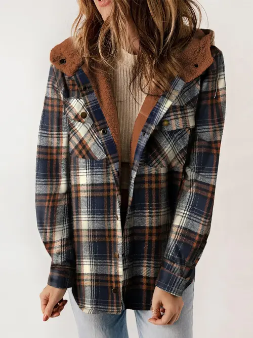 CoolCool Exclusive Women's Plaid Print Button Front Hooded Coat, Casual Mufti Clothes, Long Sleeve Pocket Coat for Fall & Winter, Ladies Outerwear for Daily Wear, Fall Outfits, Fallfreshness