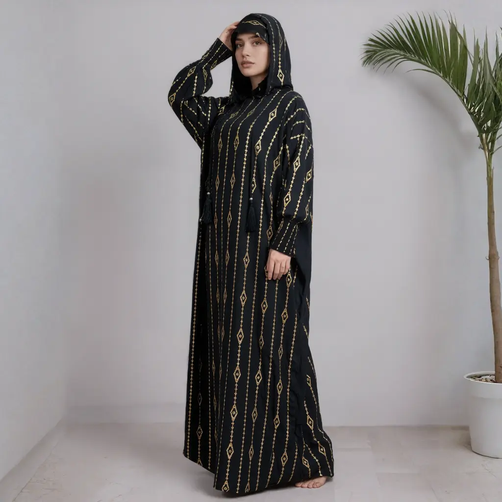 Golden Line Islamic Abaya Kaftan jumpsuit Dress for Women  Soft Double Hat Cape Style Dubai Turkish Design Modest Outfit for Ramadan & Eid Loose Fit Muslim Clothing &Revert Friendly Prayer-Ready Abaya Set for Women & Breathable Non-Sheer Daily Wear, Modes