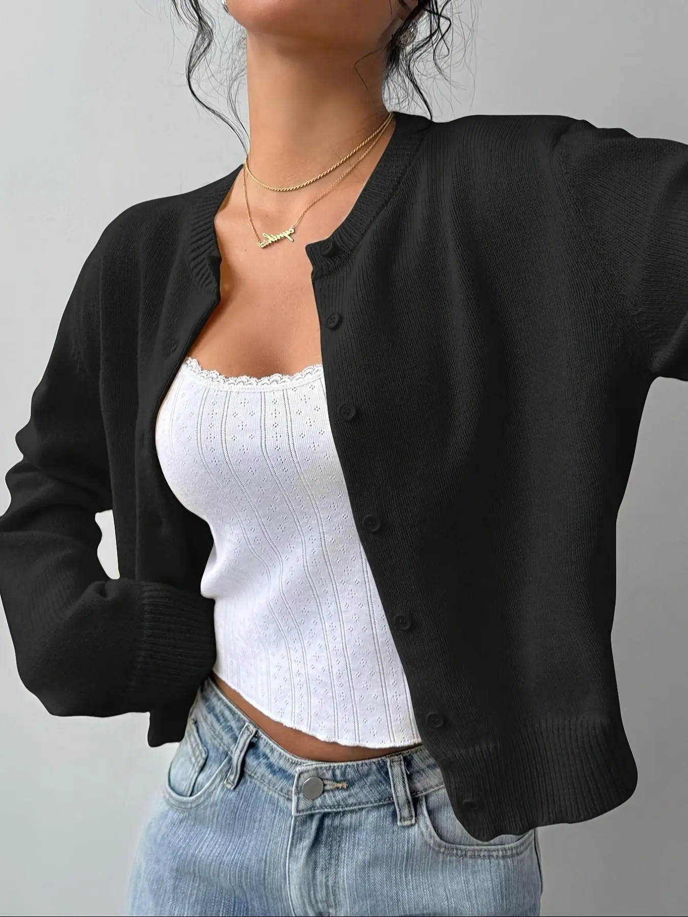 Y2K Fashion Fitted Knit Sweater, Solid Color Long Sleeve Button Front, Versatile Fall Winter Outerwear, Comfortable Daily Wear