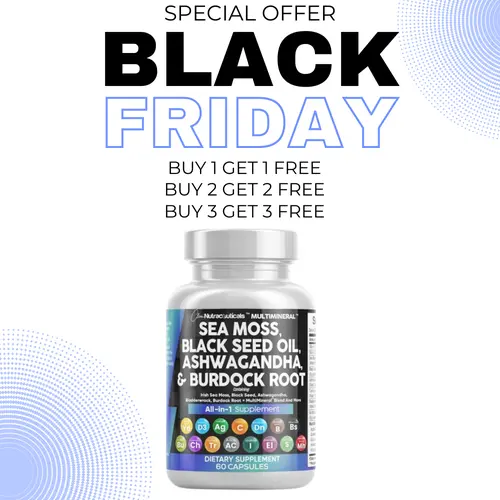 BOGO OFFER - MultiMineral Sea Moss Black Seed Oil Ashwagandha Turmeric Bladderwrack Burdock Vitamin C Vitamin D3 with Elderberry Manuka Dietary Pills