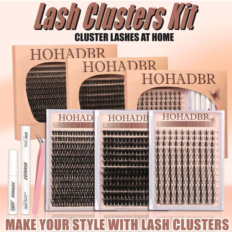 HOHADBR Fairy Lash Clusters Kit Natural Individual Lashes Wispy Eyelash Extensions 10-16mm  Lash Extension Kit Lash Bond and Seal Waterproof, Lash Applicator, Thick False Eyelashes Kit