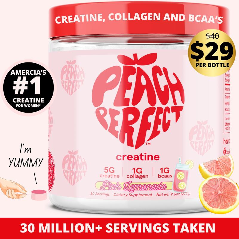 Peach Perfect Creatine Monohydrate Powder, Creatine for Women with Collagen, BCAAs, 5g Vegan Micronized Creatine per Serving, for Energy, Performance, 30 Servings Supplement Muscle