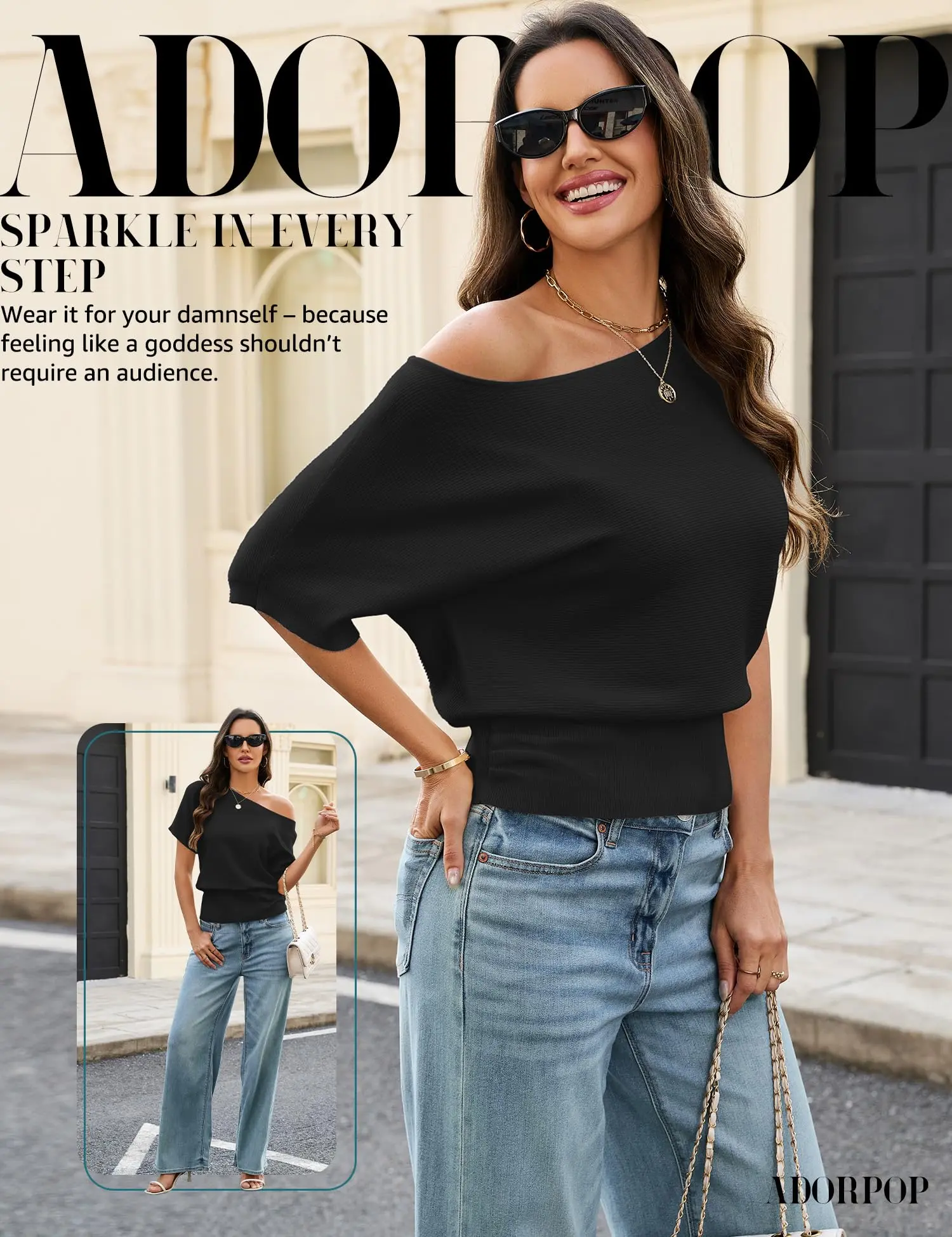Women's Off Shoulder Batwing Sleeve Top | Sexy Boat Neck Short Sleeve Blouse | Casual Loose Fit Ribbed Hem Summer Top | ADORPOP