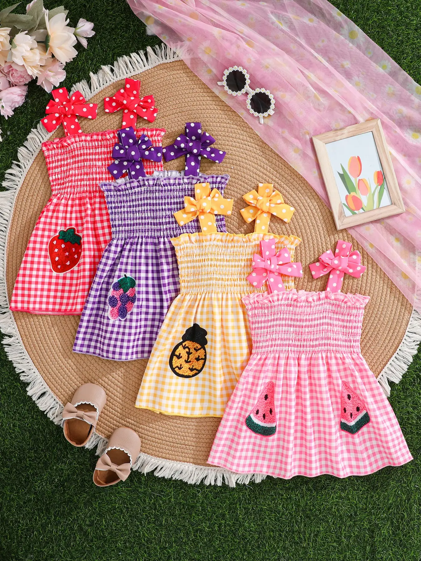 4-Piece Girls' Summer Set, Plaid and Fruit Print, Bow Shoulder Straps, Cute and Sweet Dress, Versatile Clothing for Kids, Summer Outfits Set, Cute Sets, Fashion Set