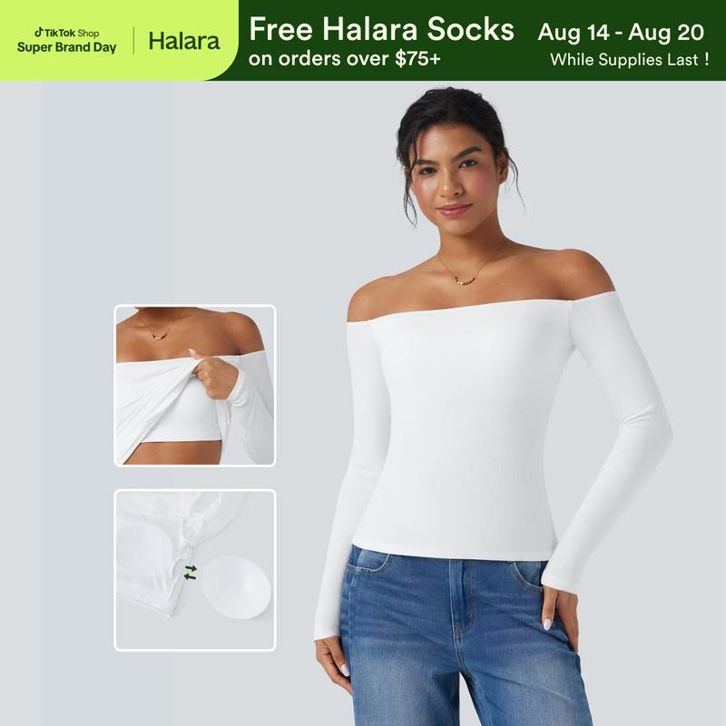 Halara Ribbed Knit Off Shoulder Long Sleeve 2-in-1 Casual Top