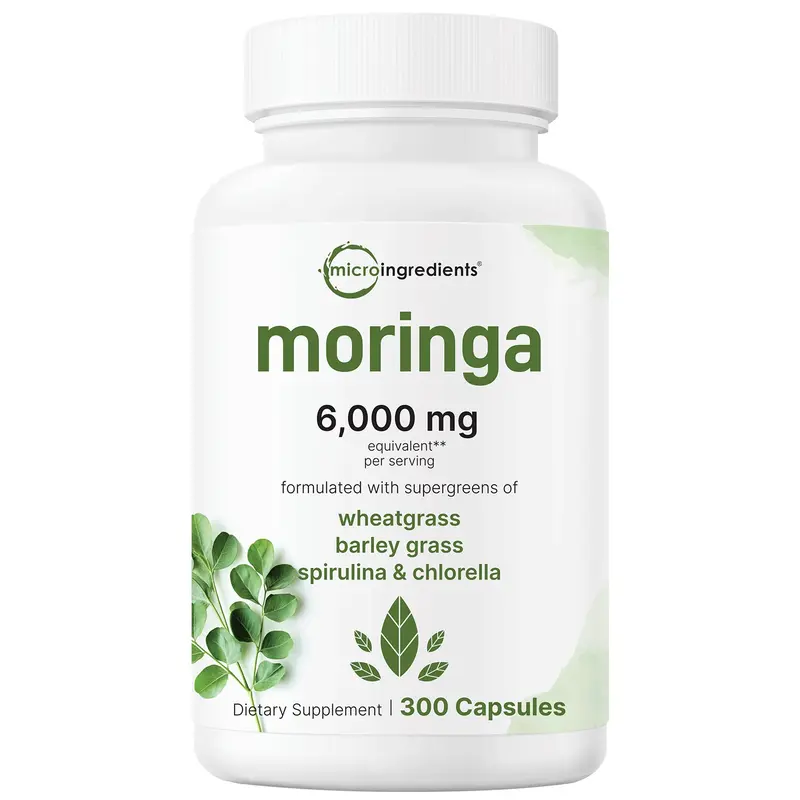 Moringa Oleifera 6,000mg Equivalent | 300 Capsules with Supergreens Blend of Wheatgrass, Barley Grass, Spirulina, & Chlorella