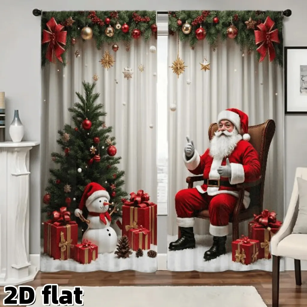 查看[2D Flat 2Pcs Christmas Holiday Curtains Snowman Santa Scene Printed ...