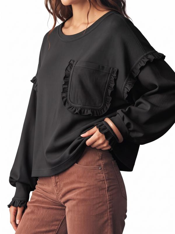 Shewin Women's Polyester Sweatshirt, Round Neck, Ruffle Trim, Long Sleeve, Flounce Pocket, Baggy Oversize Loose Everyday Casual Pullover with Soft Fabric,clothes for back to school,first day of school outfits