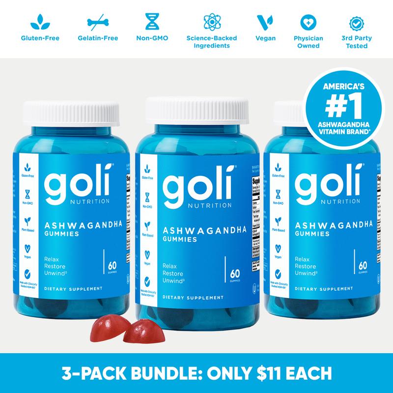 3 Bottles of Goli Ashwagandha & Vitamin D Gummy - Mixed Berry, KSM-66, Vegan, Plant Based, Non-GMO, Gluten & Gelatin Free