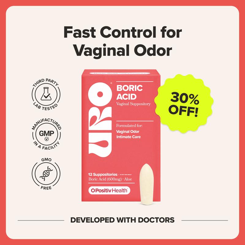 URO Boric Acid Vaginal Suppositories – pH Balance & Freshness Support with Lactic Acid & Aloe – Vegan, Paraben-Free, Fragrance-Free – 12 Count
