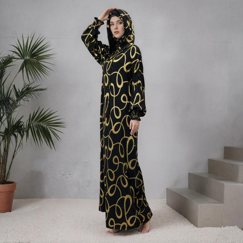 Women’s 100% Cotton Golden Circle-Patterned Muslim Modest Fashion Abaya Caftan - Soft Double Cape Hooded, Loose Closed Dubai-Style Casual Abaya, Breathable Non-Sheer for Ramadan, Daily Prayer, Muslim Abaya, Modest Fashion Abayas