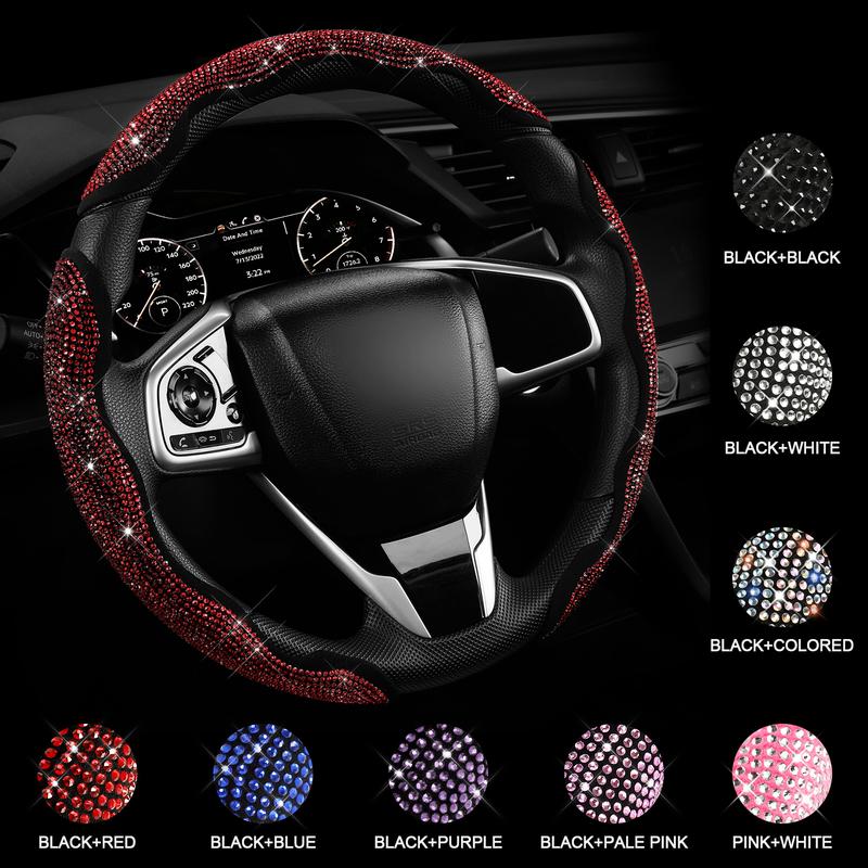Queen's Land Sparkly Universal Steering Wheel Cover with Crystal Rhinestones Diamond Bling Car Decor Gift for Girls Women Red Pink Purple Black Car Accessories for Truck SUV