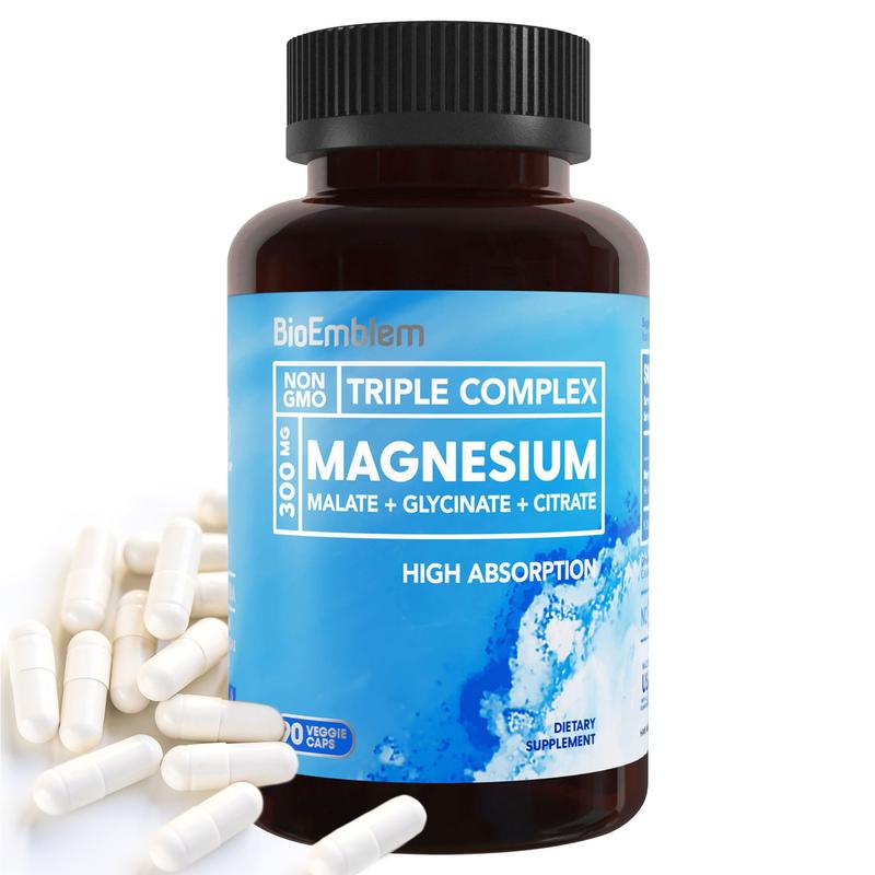 BioEmblem Triple Magnesium Complex - 300mg of Magnesium Glycinate, Malate, & Citrate for Muscles, Nerves & Energy, Vegan, Non-GMO, 90 Caps