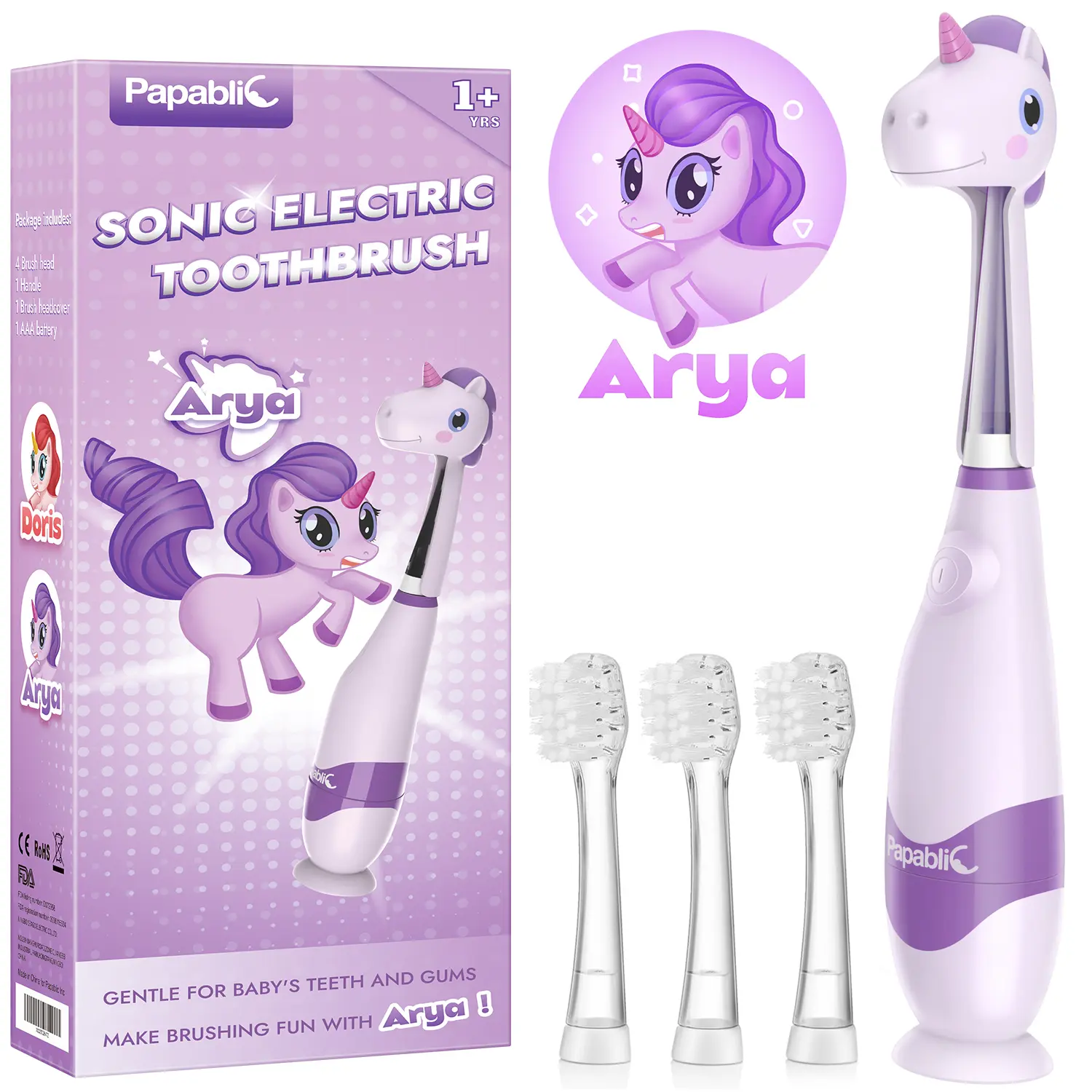 Papablic (Arya) Toddler Sonic Electric Toothbrush for Ages 1-3 Years, Kids Electric Toothbrush with 4 Brush Heads, Unicorn Cover and Smart LED Timer, Lightweight Travel & Fun Oral Care, Baby Travel Toothbrush, Gentle Clean, Gifts, #tiktokshopbacktoschool