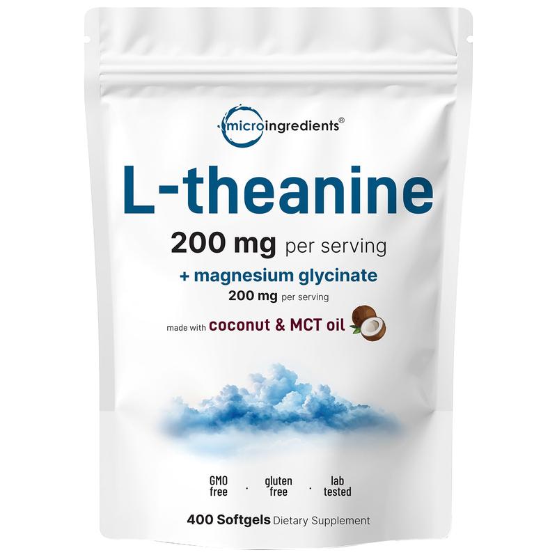 Micro Ingredients L-Theanine 200mg with Magnesium Glycinate 200mg, 400 Coconut MCT Oil Softgels