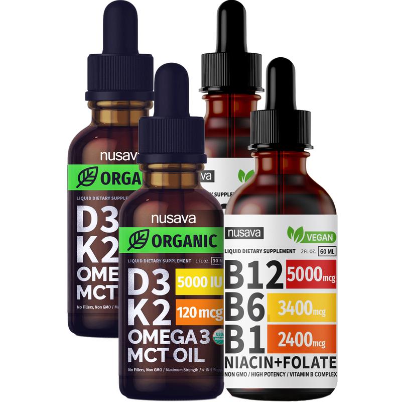 (4-Pack) Vitamin B12 Liquid Supplement with B6, B1, Niacin, & Folate for Energy, Brain, Fitness & Heart Support - Organic Vitamin D3 K2 Drops with MCT Oil