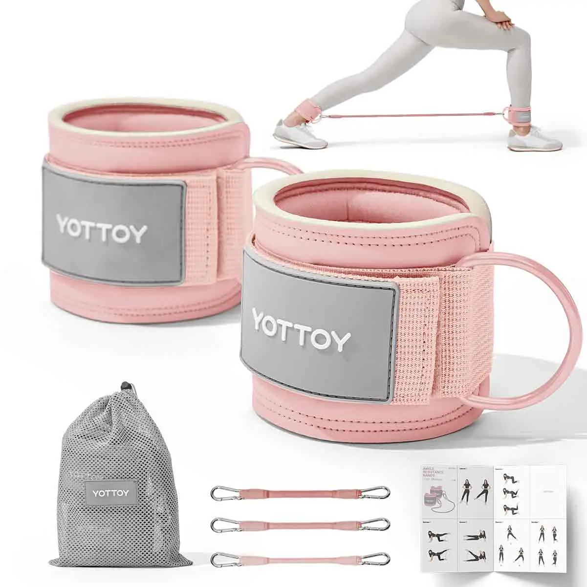 YOTTOY Women's Adjustable Padded Ankle Straps with 3 Latex Resistance Bands (10-60 lbs) - Cable Machine Attachment, Workout Equipment for Leg & Glute Training, Gym Stuff, Home Gym, At Home Gym Equipment