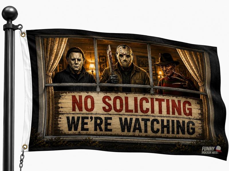 Funny No Soliciting Flag 3x5 We're Watching Halloween Flag Horror Inspired Porch Decor Spooky Outdoor Flag Haunted House Decorations Front Porch Banner Fall Decor party