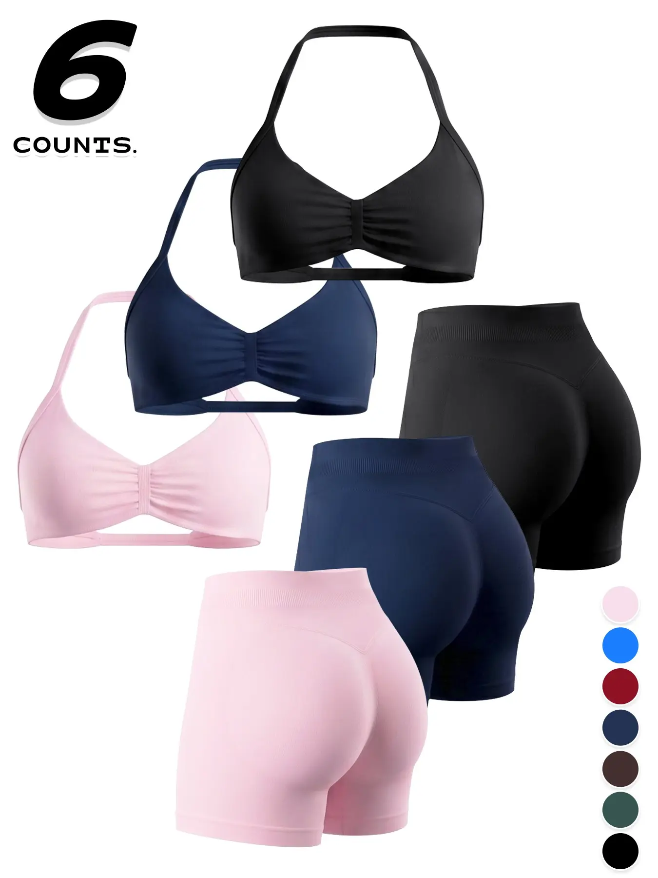 Women's Sporty 6-Piece Set, Seamless Yoga Outfits, Gym Yoga Activewear, Athleisure Activewear, Seamless Comfortable Backless Padded Sports Bra & High-Elastic Yoga Shorts, All-Seasons High Stretch Activewear