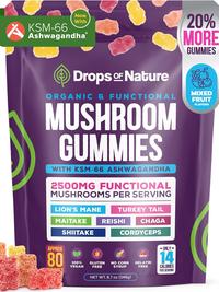 Drops Of Nature Ashwagandha KSM-66, Reishi, Lions Mane, Shiitake, Cordyceps, Turkey Tail, Maitake, Chaga Supplement Gummies - Mixed Fruits, 80 Gummies