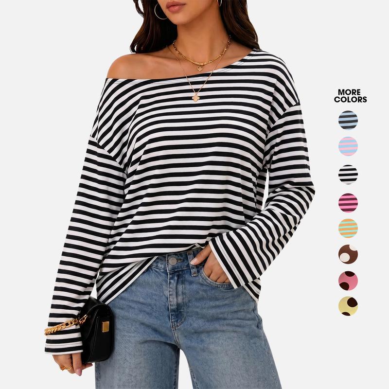 Flowyair Womens Off the Shoulder Tops Striped Polka Dot Long Sleeve Casual Loose Fit Asymmetrical Y2K Trendy Shirt