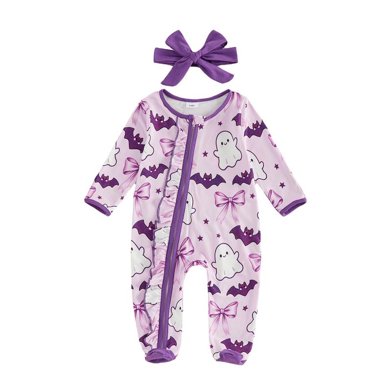 Newborn Girl Halloween Outfit Ghost Bat Bow Print Footies Romper Ruffle Zipper Long Sleeve Onesie and Headband My First Halloween Baby Girl Outfit