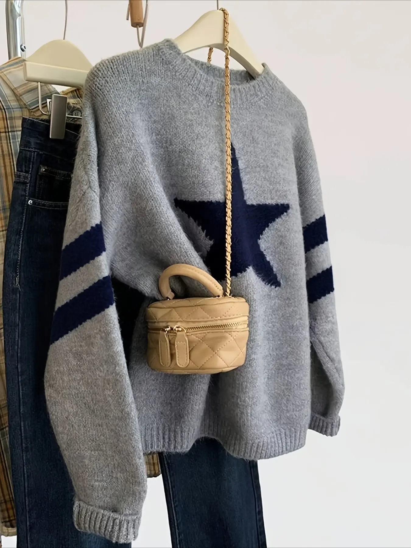 New Loose Fit Elegant Outdoor Women's Casual Pullover Round Neck Retro Colorblock Striped Star Pattern Knit Top, Spring Y2K Fashion Knit Pullover Tops