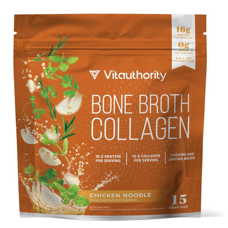 Bone Broth Collagen with Protein - Hair & Nail Care Beauty Collagen Dietary Supplement Edible Fitness - Vitauthority -  Chicken Noodle Flavor