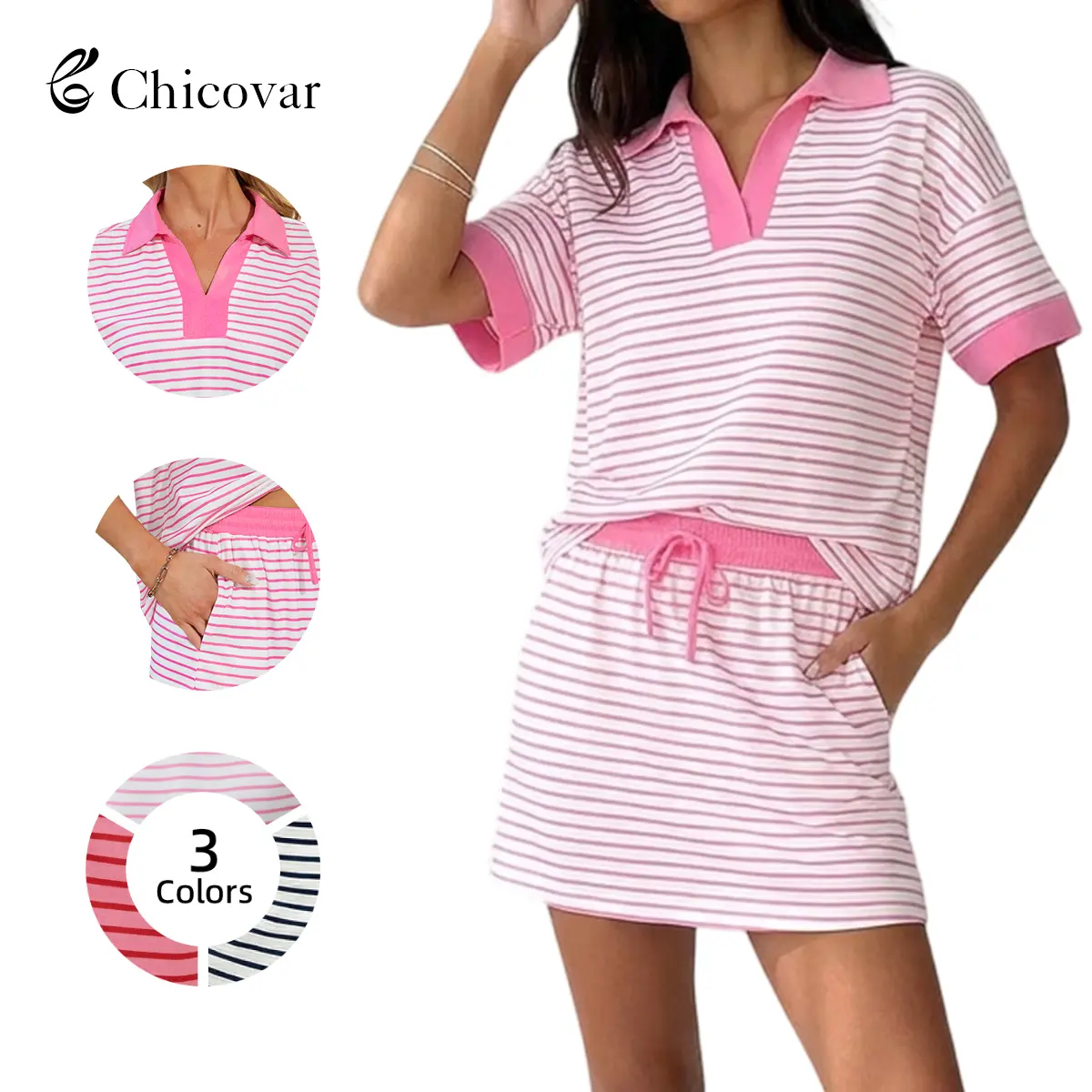 Chicovar Striped 2 Piece Outfits Casual Set  Short Sleeve V-Neck Polo Skort with Built-in Shorts & Pockets, Adjustable Waist, Stretchy & Comfortable, Lounge Sets, Athleisure, Comfyoutfit, Summervibes