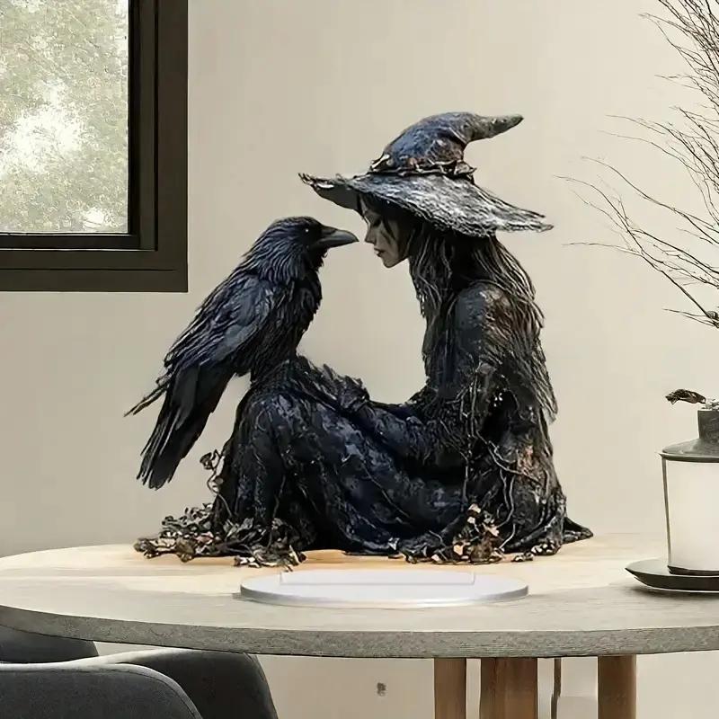 Acrylic Witch and Crow Decorative Figurine, Halloween Home Decoration ...
