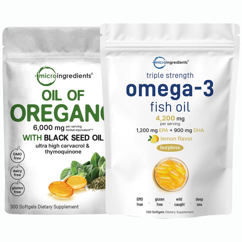 Micro Ingredients Immunity Burst Bundle: Oregano Oil with Black Seed Oil & Triple Strength Omega 3 Fish Oil Softgels