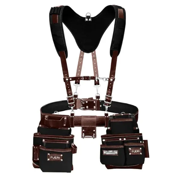 FUERI Tool Belt With Suspender Men Carpenter Pouches Construction Bags ( Black and Maroon Tool Belt with Maroon Suspender, 2X-Large (48'' to 54