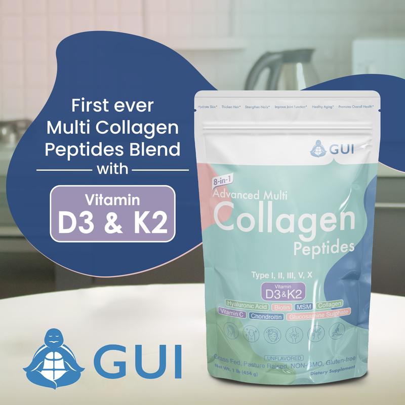 8-in-1 Advanced Multi Collagen Peptides Powder - Type I, II, III, V, X Hydrolyzed Peptides with Vitamin D3 & K2, Hyaluronic Acid, Biotin - Unflavored