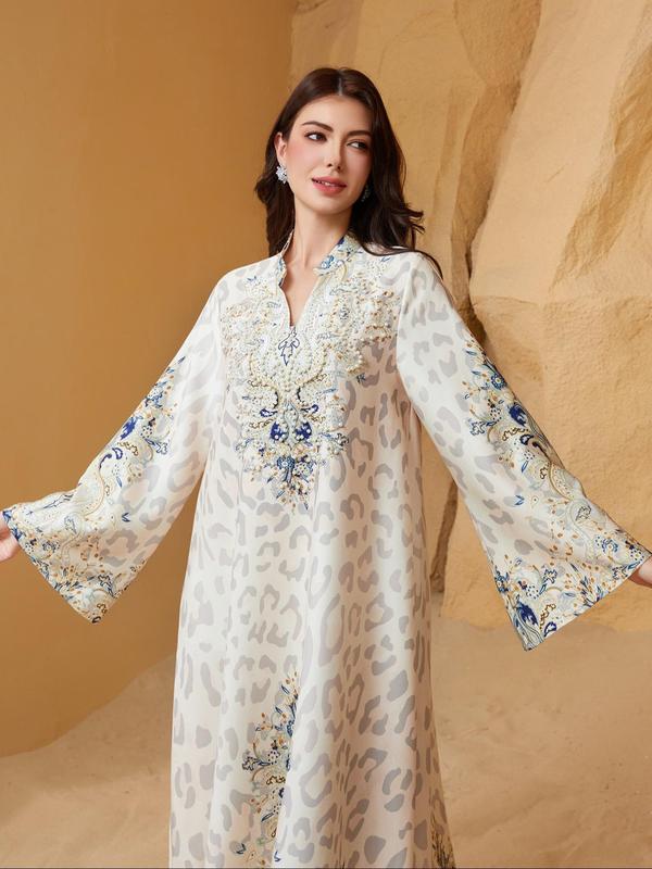 Women's Floral Embroidery Long Kaftan Dress, Elegant Modest Style Notched Neck Long Sleeve Arabic Clothing, Ladies Islamic Clothing Modest Clothes Modesty Muslim Clothing for Daily Wear Muslim Women Gowns, Maxi