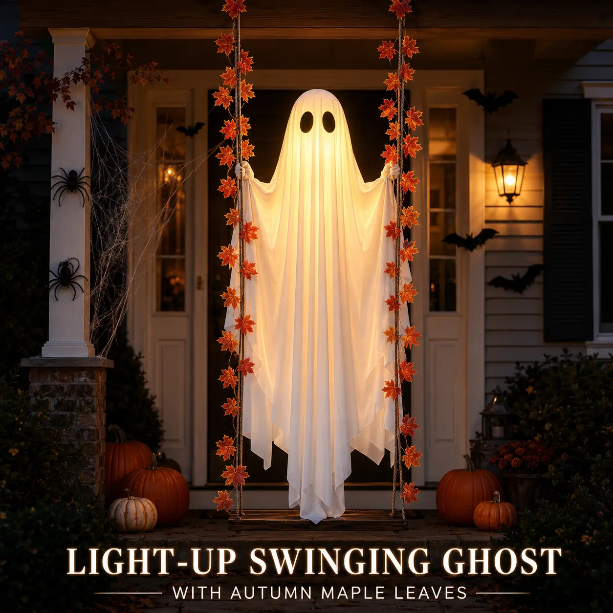 LED Light-Up Swinging Ghost Halloween Decoration with Maple Leaf Garland & Remote Control, Hanging Outdoor Decor for Yd, Porch & Party, Halloween Decorations Outdoor, Party Lighting Decoration