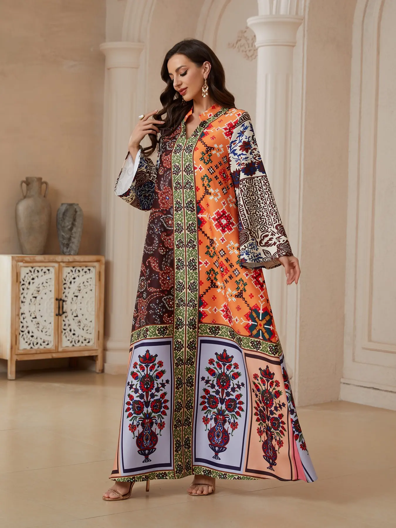 Elegant A-Line Jalabiya Dress, V-Neck Long Sleeve Long Dress with Full Print, Soft 75D Stretch Fabric, Sparkling Rhinestones, Arabic Fashion, A Line Dresses