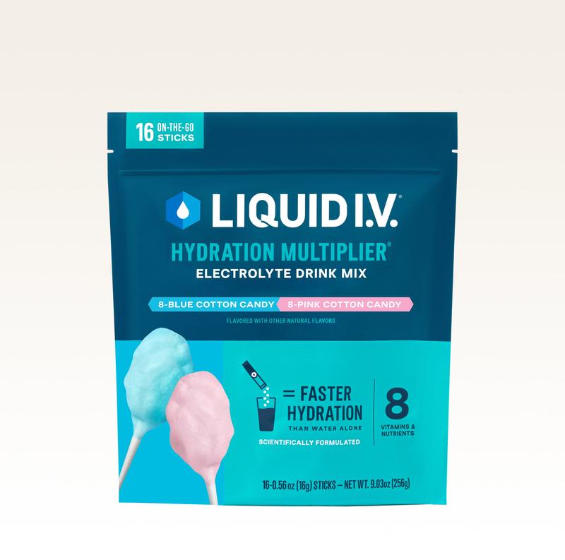 Liquid I.V. Hydration Multiplier - Cotton Candy - Hydration Powder Packets | Electrolyte Powder Drink Mix | Convenient Single-Serving Sticks | 8 Vitamins & Nutrients | 1 Pack (16 Servings)