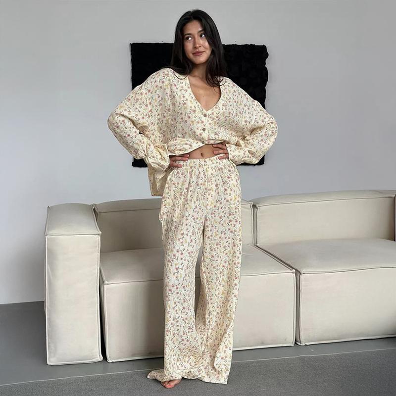 Womens Floral Print Loungewear Sets Cotton Gauze P TikTok爆款商品分析 - GMV ...