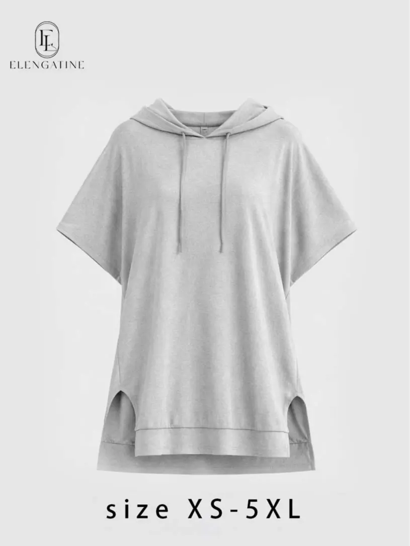 Women's Gray Basic Polyester Baggy Hoodie Top Lightweight Comfortable Casual Sweatshirt Fabric, Boxy Relaxed Silhouette, Short Dolman Shortsleeve, Longline Tunic with Side Slits, Ideal for Athleisure, Street Style