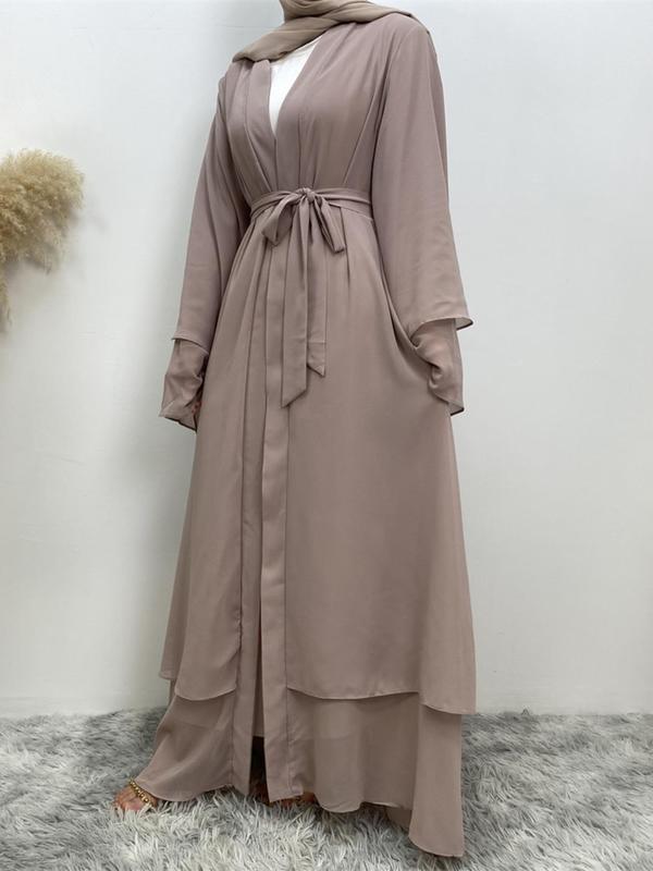 Women's Solid Color Chiffon Belted Abaya, Long Sleeve Open Front Maxi Abaya for Party Wedding Guest, Ladies Modesty Muslim Clothing, Islamic Modesty Clothes, Islamic Abaya Dress for All Seasons Modest Muslim Outfits