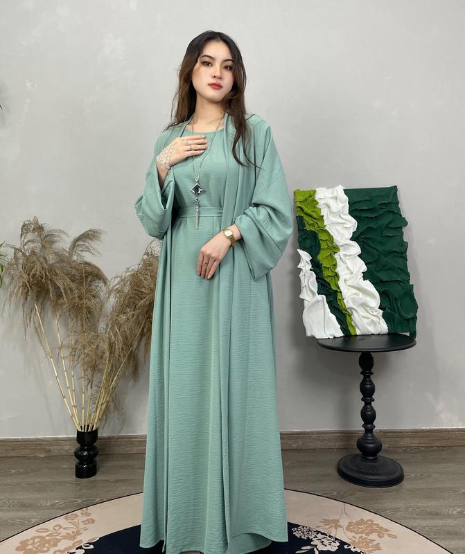 2024 New Arabic Clothing- Women's Plain Green Belted Dress & Open Abaya ...