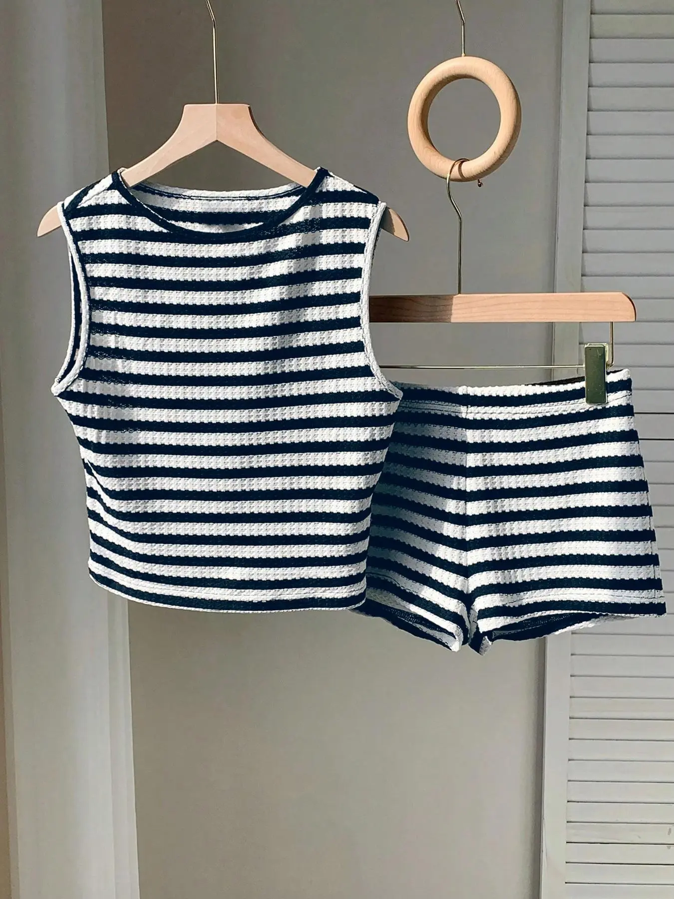 Striped Round Neck Top & Shorts Set (Brown)