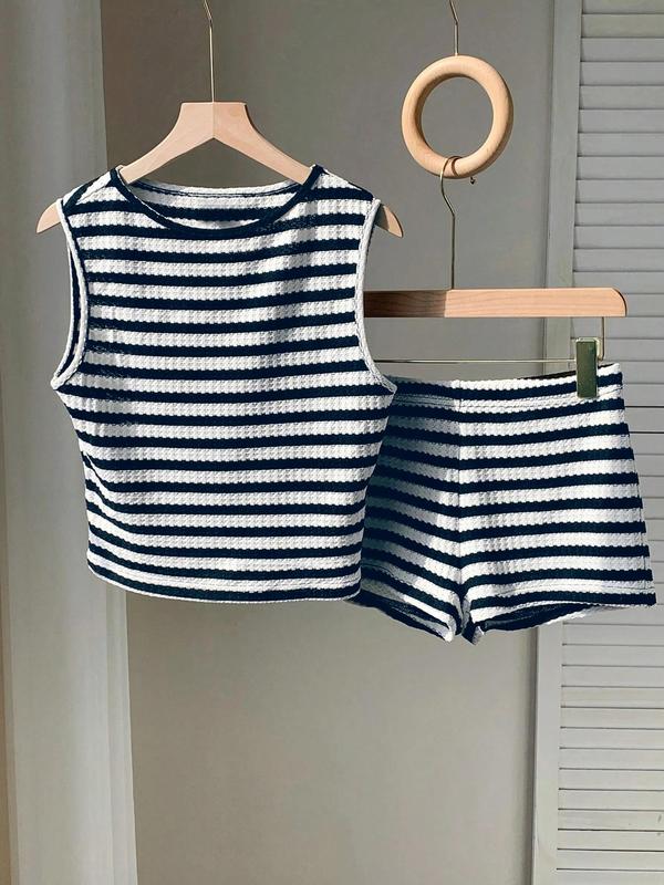 Full Size Contrast Striped Round Neck Top and Shorts Set