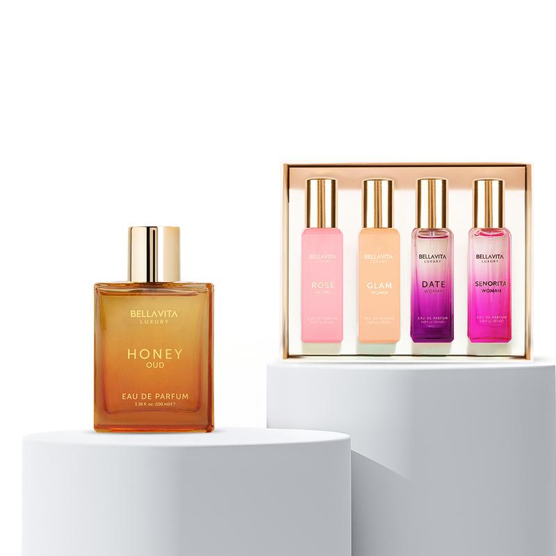 Midnight Mischief by BellaVita Luxury | Honey Oud EDP + 4x20ml Mini Perfumes | Women's Perfume Gift Set | Long-Lasting Floral, Spicy & Vanilla Fragrances | Vegan & Cruelty-Free