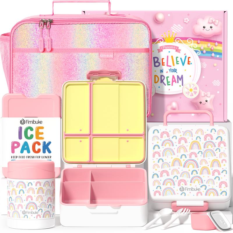 Fimibuke BPA-Free Modern Rectangular Patchwork Bento Box - 4 Compartments, Insulated Lunch Bag, Stainless Steel Thermos, Ice Pack & Utensils - Leakproof Tableware Set for Students, Gift Option, Bento Boxes