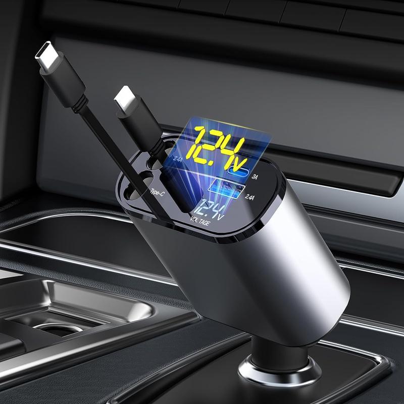 4-in-1 Auto Ladegerät 66W - USB-C PD 30W & QC 3.0 Mit Einziehbarem Kabel